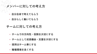 メンバーに対しての考え方
- 自分自身で考えてもらう
- 自分らしく働いてもらう
チームに対しての考え方
- チームでの方向性・役割を大切にする
- チームとして成長機会・支援を大切にする
- 採用はチーム事にする
- 職場環境を良くする
 