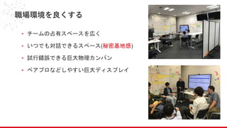 職場環境を良くする
- チームの占有スペースを広く
- いつでも対話できるスペース(秘密基地感)
- 試行錯誤できる巨大物理カンバン
- ペアプロなどしやすい巨大ディスプレイ
 