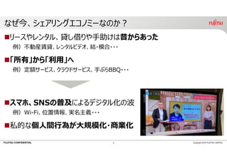 FUJITSU CONFIDENTIAL
なぜ今、シェアリングエコノミーなのか︖
リースやレンタル、貸し借りや⼿助けは昔からあった
例）不動産賃貸、レンタルビデオ、結・模合・・・
「所有」から「利⽤」へ
例）定額サービス、クラウドサービス、⼿ぶらBBQ・・・
スマホ、SNSの普及によるデジタル化の波
例）Wi-Fi、位置情報、実名主義・・・
私的な個⼈間⾏為が⼤規模化・商業化
4 Copyright 2018 FUJITSU LIMITED
 