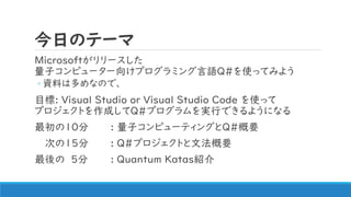 դΥƩ`
Microsoft`
ӥԥ``򤱥ץߥZQ#ʹäƤߤ褦
? YϤ϶ʤΤǡ
Ŀ: Visual Studio or Visual Studio Code ʹä
ץȤɤQ#ץgФǤ褦ˤʤ
Σ : ӥԥ`ƥ󥰤Q#Ҫ
Τ15 : Q#ץȤķҪ
 5 : Quantum KatasB
 