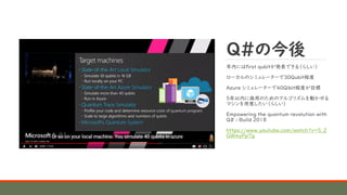 Q#ν
ڤˤfirst qubitkǤ루餷
`Υߥ``30Qubit̶
Azure ߥ``40Qibit̶ȤĿ
5ڤäΤΥ르ꥺӤ
ޥ⤷餷
Empowering the quantum revolution with
Q# : Build 2018
https://www.youtube.com/watch?v=S_Z
GWmyPp7g
 