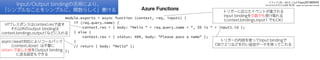 Azure Functions
module.exports = async function (context, req, input1) {
if (req.query.name) {
context.res = { body: "Hello " + req.query.name + ", ID is " + input1.id };
} else {
context.res = { status: 400, body: "Please pass a name" };
}
// return { body: "Hello" };
};
async/await対応によりコールバック
（context.done）は不要に
return で返した値をOutput binding
に送る設定もできる
トリガーに応じたイベントが渡される
Input bindingを引数でも受け取れる
（context.bindings.input1 でもOK）
HTTレスポンスはcontext.resで返す
それ以外のoutput bindingは
context.bindings.output1などに入れる
Input/Output bindingの活用により、
「シンプルなことをシンプルに、関数らしく」書ける
スライドURL：bit.ly/faas20180929
Serverlessを支える技術 第2版：gum.co/serverless2
トリガーの内容を使ってInput bindingで
DBクエリなどを行い追加データを持ってこれる
 