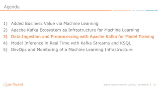 26Apache Kafka and Machine Learning – Kai Waehner
Agenda
1) Added Business Value via Machine Learning
2) Apache Kafka Ecosystem as Infrastructure for Machine Learning
3) Data Ingestion and Preprocessing with Apache Kafka for Model Training
4) Model Inference in Real Time with Kafka Streams and KSQL
5) DevOps and Monitoring of a Machine Learning Infrastructure
 