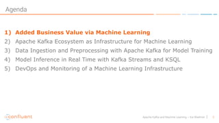 5Apache Kafka and Machine Learning – Kai Waehner
Agenda
1) Added Business Value via Machine Learning
2) Apache Kafka Ecosystem as Infrastructure for Machine Learning
3) Data Ingestion and Preprocessing with Apache Kafka for Model Training
4) Model Inference in Real Time with Kafka Streams and KSQL
5) DevOps and Monitoring of a Machine Learning Infrastructure
 