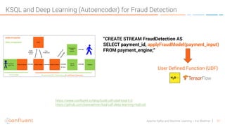 51Apache Kafka and Machine Learning – Kai Waehner
KSQL and Deep Learning (Autoencoder) for Fraud Detection
“CREATE STREAM FraudDetection AS
SELECT payment_id, applyFraudModel(payment_input)
FROM payment_engine;“
User Defined Function (UDF)
https://www.confluent.io/blog/build-udf-udaf-ksql-5-0
https://github.com/kaiwaehner/ksql-udf-deep-learning-mqtt-iot
 