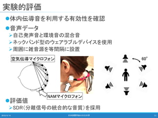 実験的評価
体内伝導音を利用する有効性を確認
音声データ
自己発声音と環境音の混合音
ネックバンド型のウェアラブルデバイスを使用
周囲に雑音源を等間隔に設置
評価値
SDR（分離信号の統合的な音質）を採用
2018/9/14 日本音響学会＠大分大学 11
空気伝導マイクロフォン
NAMマイクロフォン
60°
 
