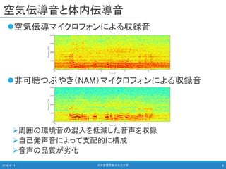 空気伝導音と体内伝導音
空気伝導マイクロフォンによる収録音
非可聴つぶやき（NAM）マイクロフォンによる収録音
周囲の環境音の混入を低減した音声を収録
自己発声音によって支配的に構成
音声の品質が劣化
2018/9/14 日本音響学会＠大分大学 6
 