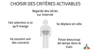 CHOISIR DES CRITÈRES ACTIVABLES
Va souvent voir
des concerts
Se déplace en vélo
Regarde des séries
sur Internet
Passe beaucoup
de temps dans le
train
Fait attention à ce
qu’il mange
 