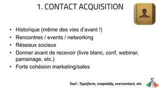 1. CONTACT ACQUISITION
• Historique (même des vies d’avant !)
• Rencontres / events / networking
• Réseaux sociaux
• Donner avant de recevoir (livre blanc, conf, webinar,
parrainage, etc.)
• Forte cohésion marketing/sales
Tool : Typeform, snapaddy, evercontact, etc.
 