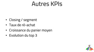 Autres KPIs
• Closing / segment
• Taux de ré-achat
• Croissance du panier moyen
• Evolution du top 3
 
