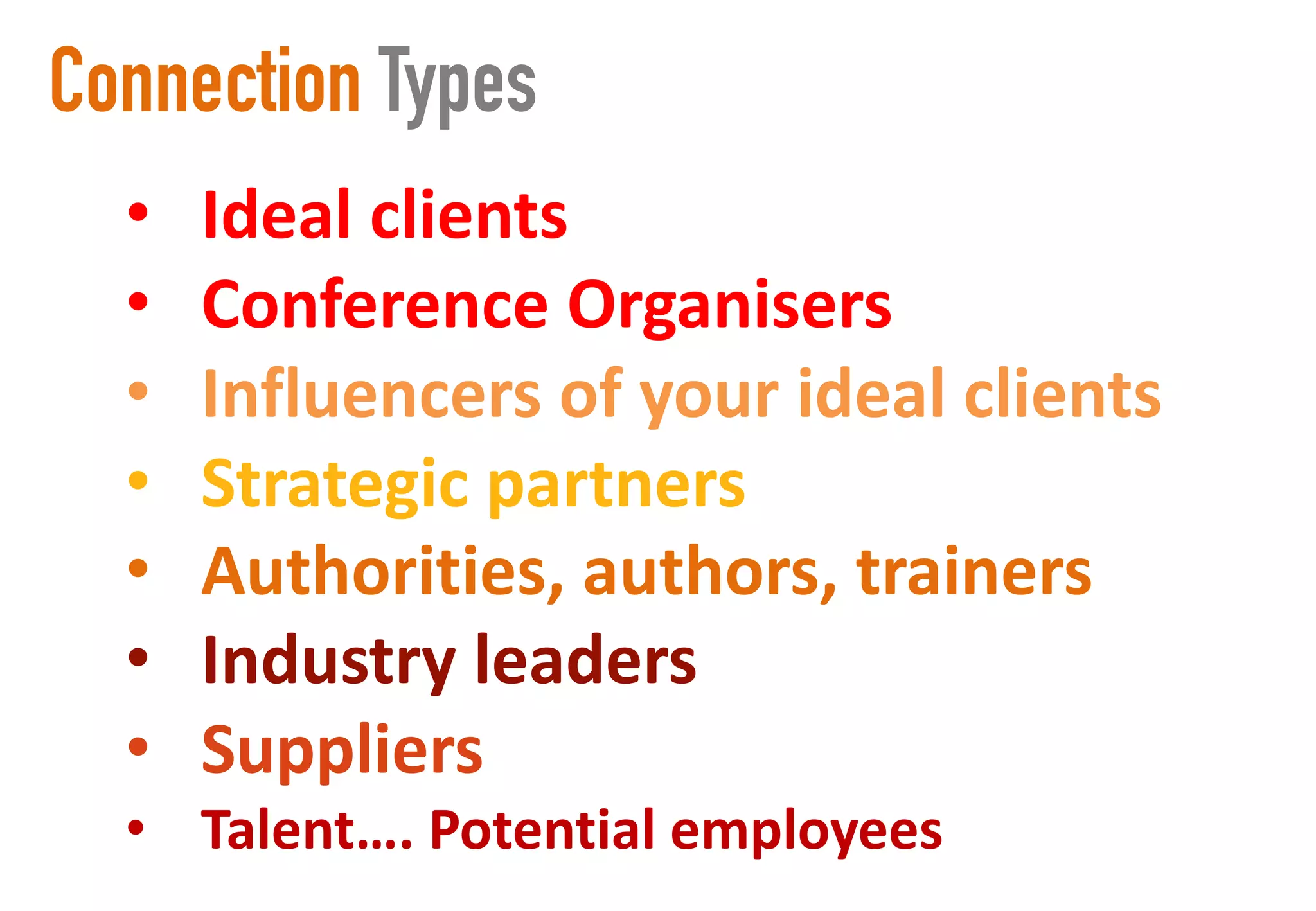 Connection Types
• Ideal clients
• Conference Organisers
• Influencers of your ideal clients
• Strategic partners
• Authorities, authors, trainers
• Industry leaders
• Suppliers
• Talent…. Potential employees
 