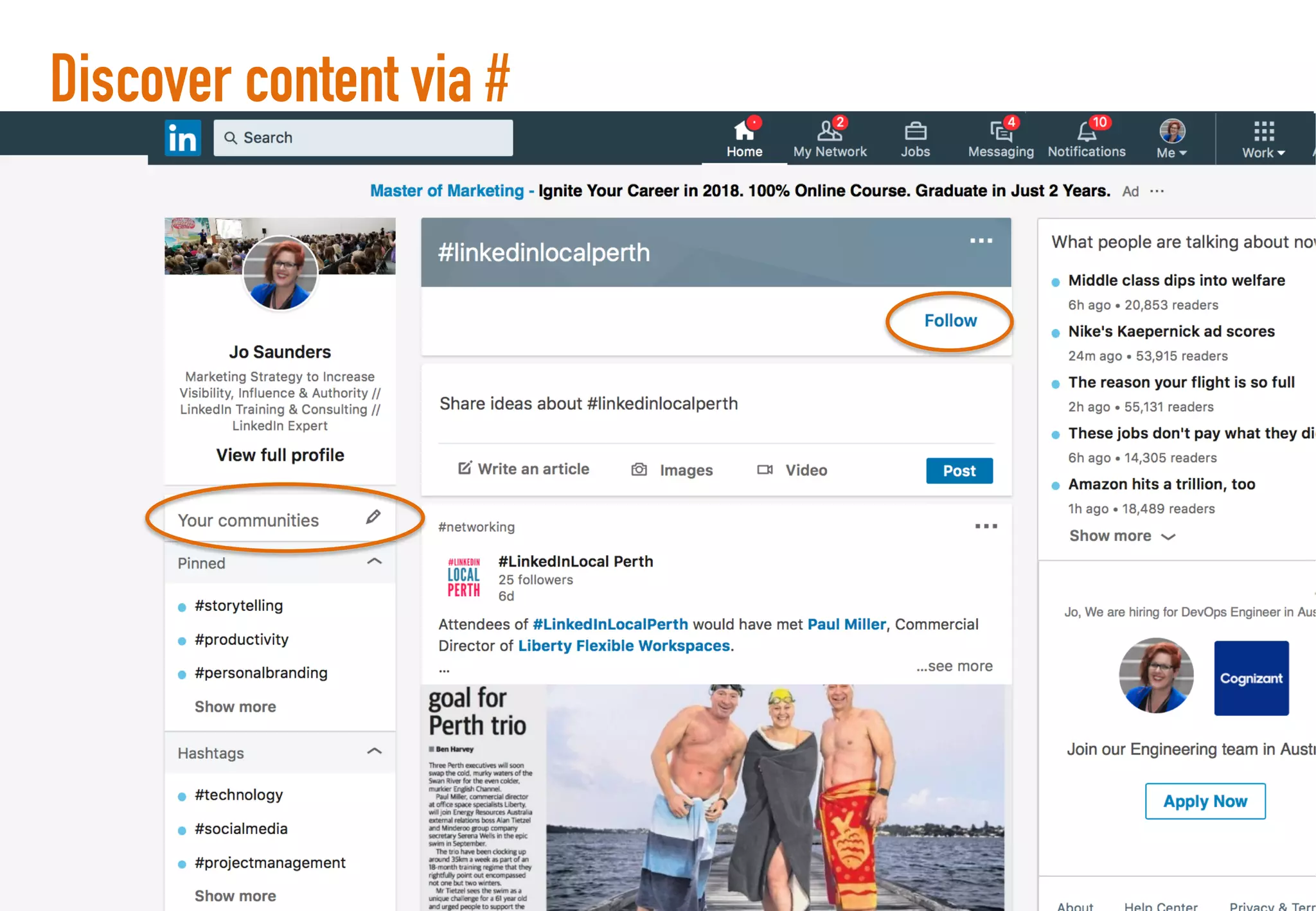 Discover content via #
 