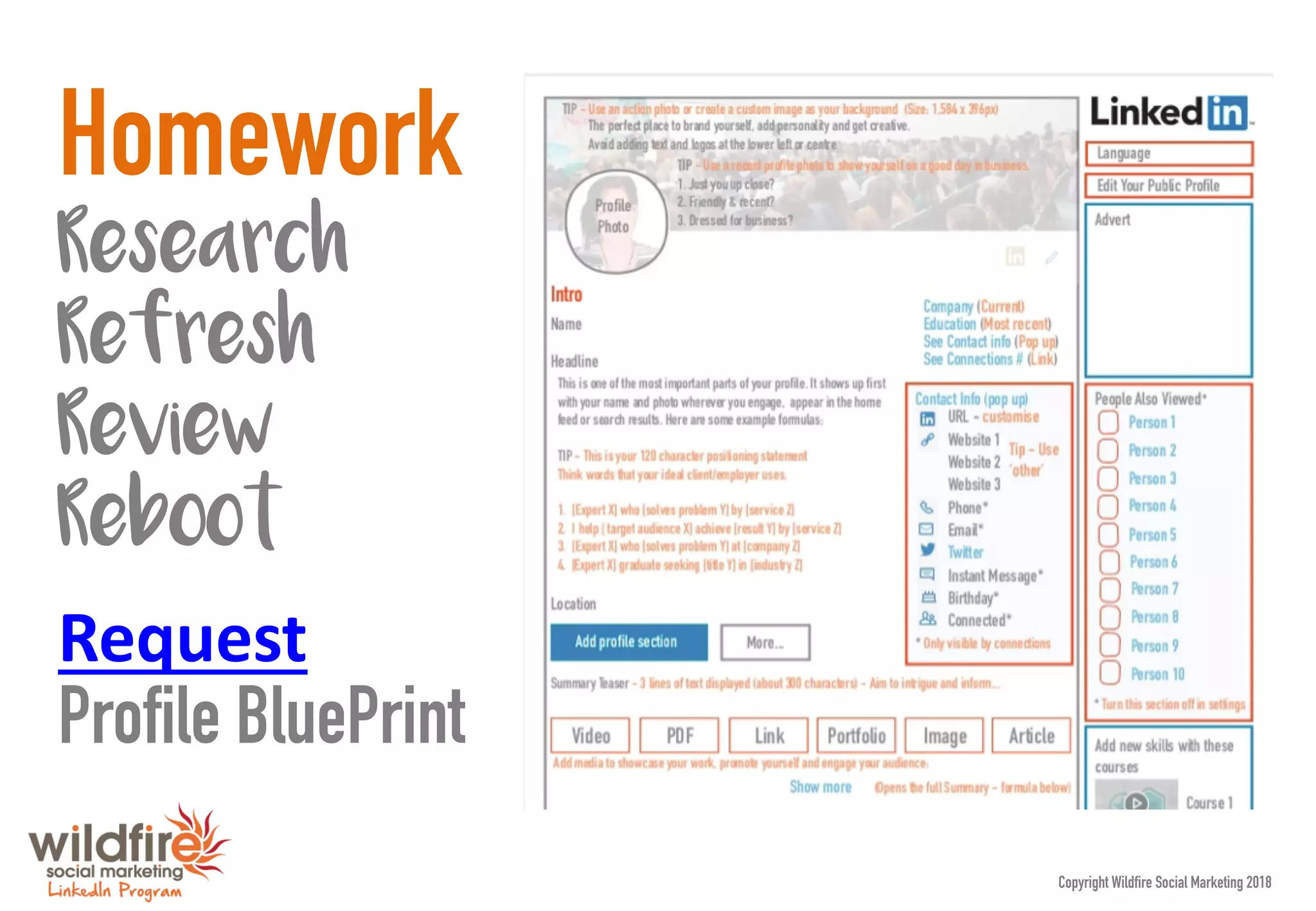Homework
Research
Refresh
Review
Reboot
Profile BluePrint
Request
Copyright Wildfire Social Marketing 2018
 