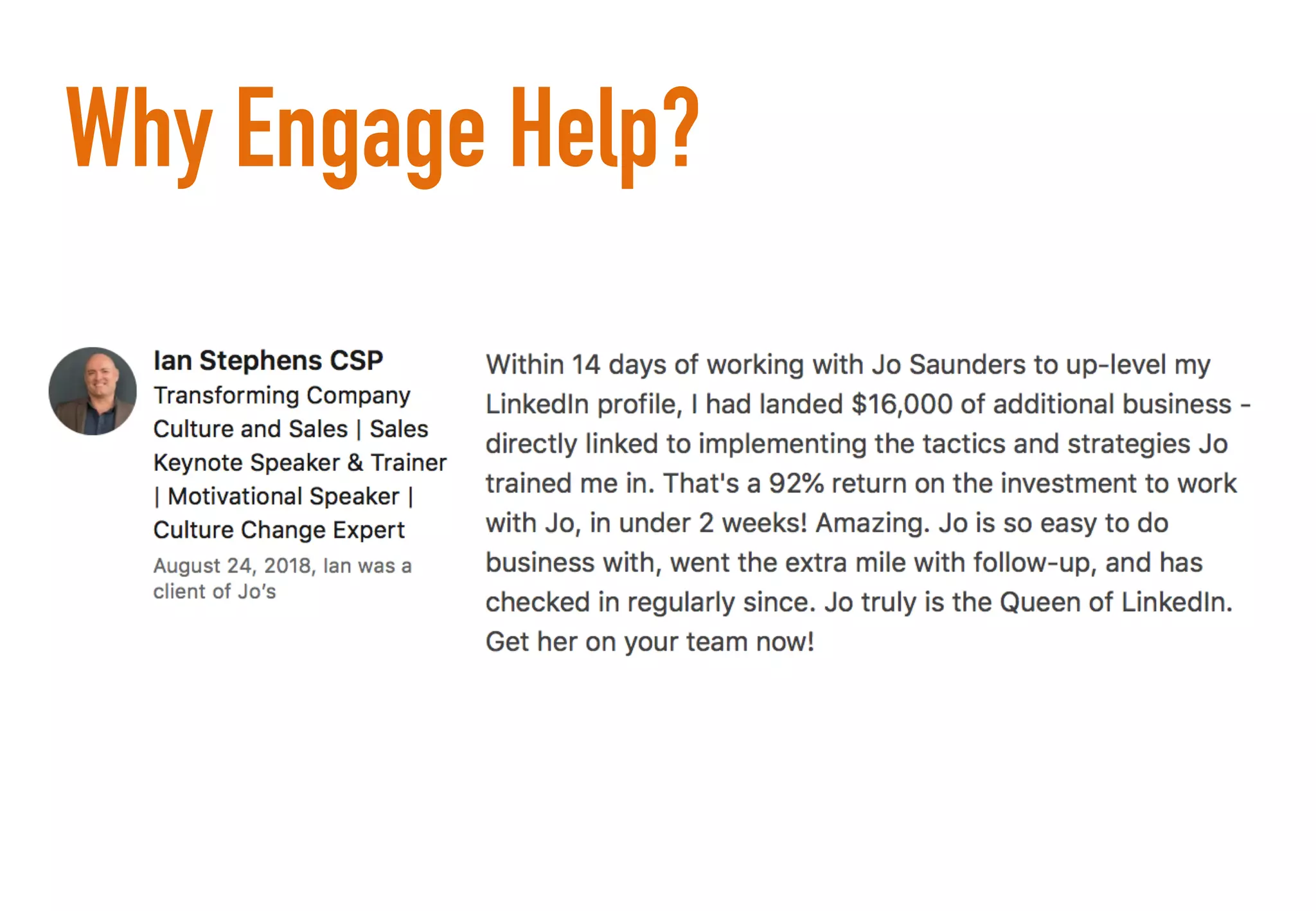 Why Engage Help?
 