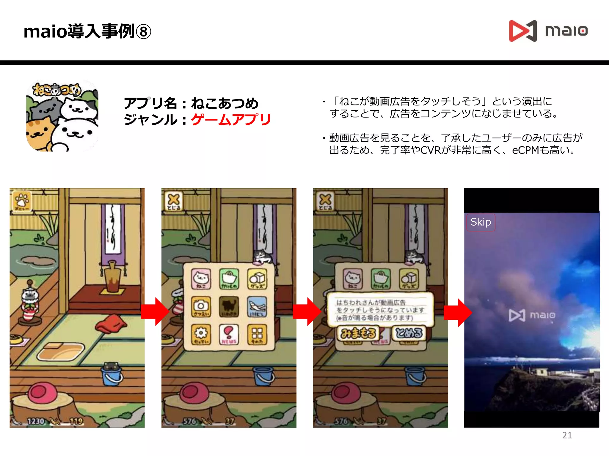 アプリ名：ねこあつめ
ジャンル：ゲームアプリ
Skip
・「ねこが動画広告をタッチしそう」という演出に
することで、広告をコンテンツになじませている。
・動画広告を見ることを、了承したユーザーのみに広告が
出るため、完了率やCVRが非常に高く、eCPMも高い。
maio導入事例⑧
21
 