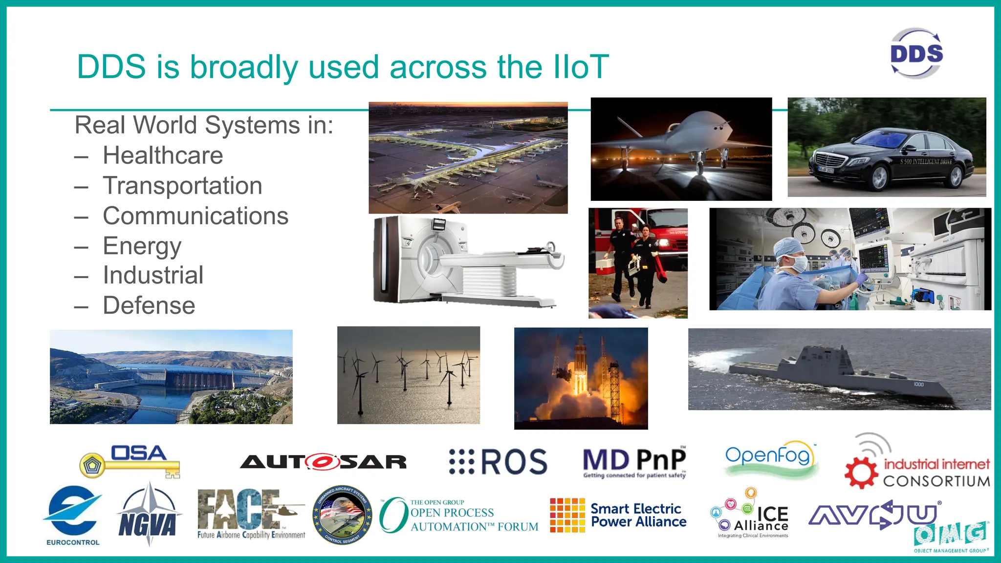 DDS is broadly used across the IIoT
Real World Systems in:
– Healthcare
– Transportation
– Communications
– Energy
– Industrial
– Defense
 