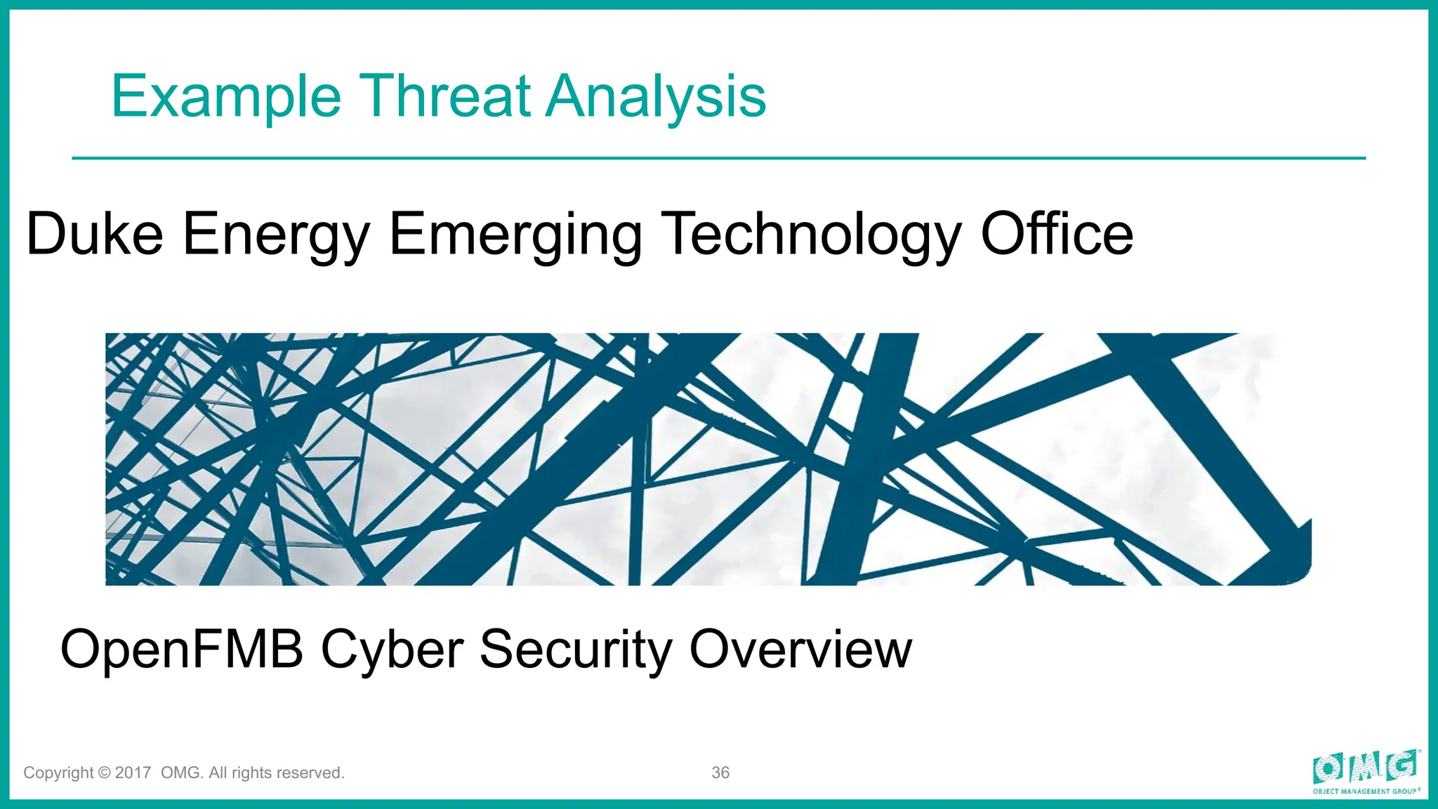 Copyright © 2017 OMG. All rights reserved. 36
Example Threat Analysis
Duke Energy Emerging Technology Office
OpenFMB Cyber Security Overview
 