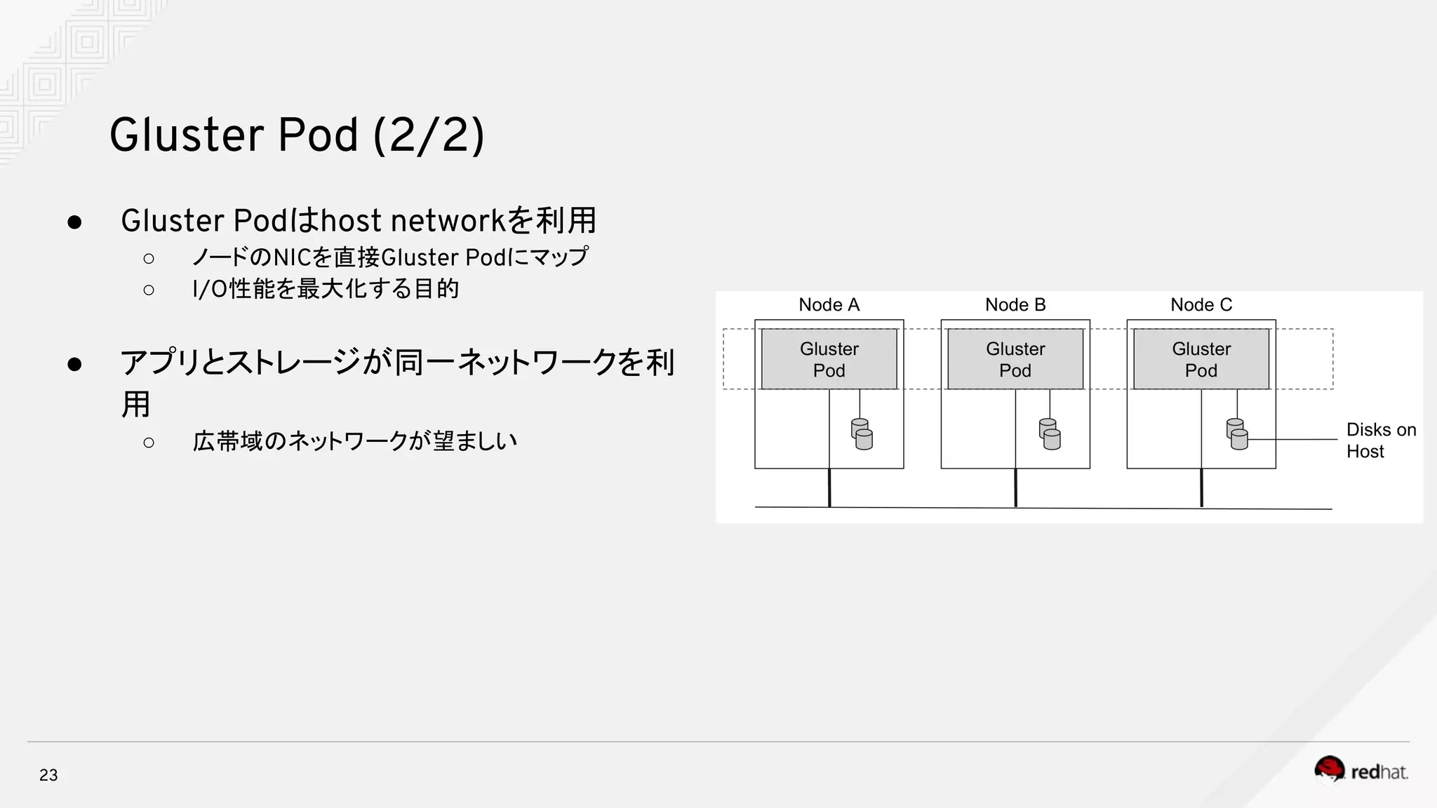 ● Gluster Podはhost networkを利用
○ ノードのNICを直接Gluster Podにマップ
○ I/O性能を最大化する目的
● アプリとストレージが同一ネットワークを利
用
○ 広帯域のネットワークが望ましい
23
Gluster Pod (2/2)
 