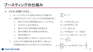 ブースティングの仕組み
● もう少し詳細にみると...
1. トレーニングサンプルの重みを次のように定義する。
2. m回実行するブースティングは、以下の手順を繰り返す。
a. 重み付けされた弱学習器 Cjをトレーニングする。
b. クラスラベル を予測する。
c. 重み付けされた誤分類率 εを計算する。
d. 重みの更新に用いる係数 αjを計算する。
e. 重みを更新する。
f. 重みを正規化して合計が 1になるようにする。
3. 入力Xに対する最終予測 を計算する。重みαjで
予測結果を重み付けた平均からラベルを予測する。
24
 