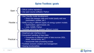 4 17-Nov-18
Spine Toolbox: goals
• Github (online repository)
• Use open source software: Python
Flexible
• User friendly ...