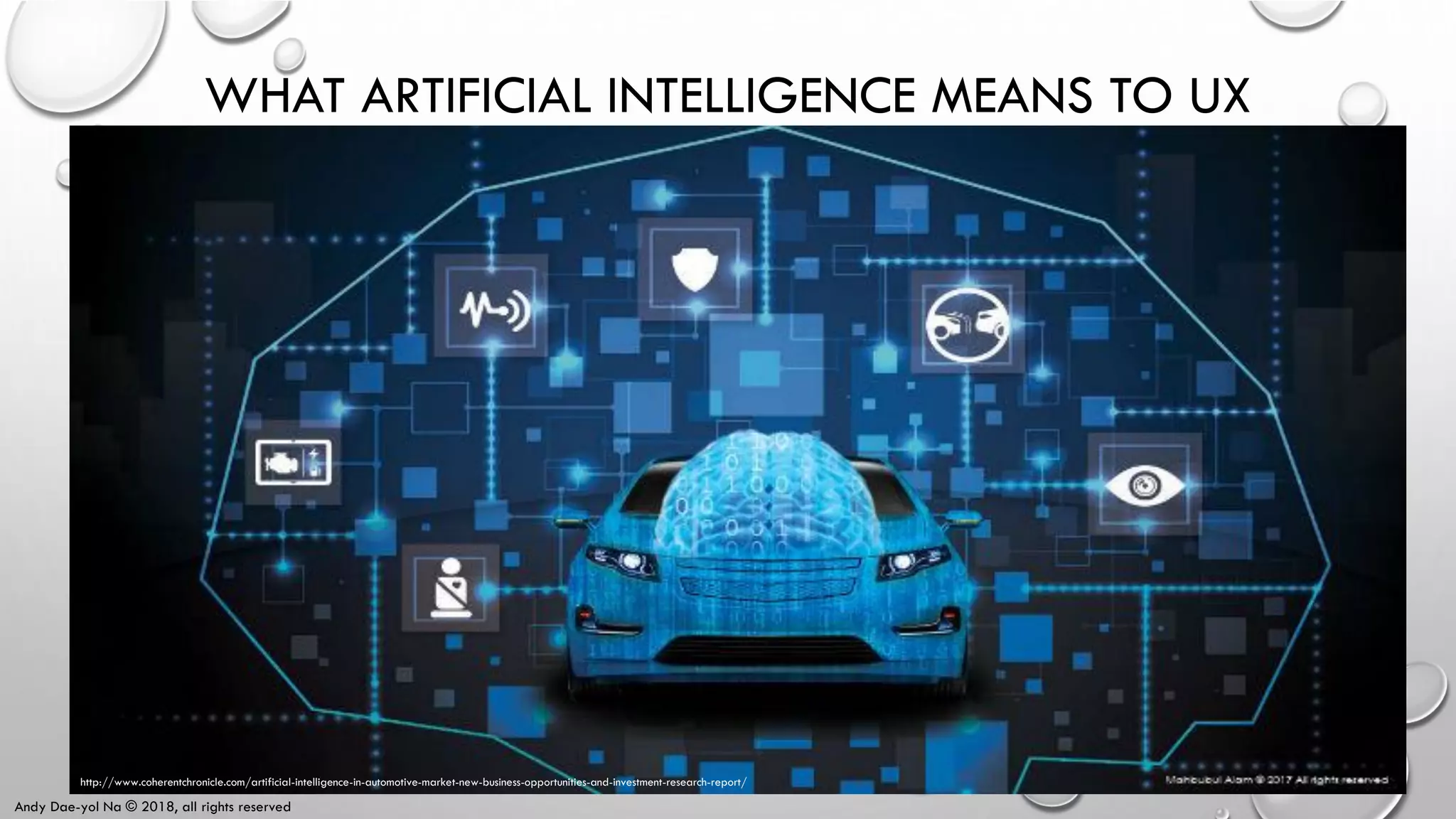 Andy Dae-yol Na © 2018, all rights reserved
WHAT ARTIFICIAL INTELLIGENCE MEANS TO UX
http://www.coherentchronicle.com/artificial-intelligence-in-automotive-market-new-business-opportunities-and-investment-research-report/
 