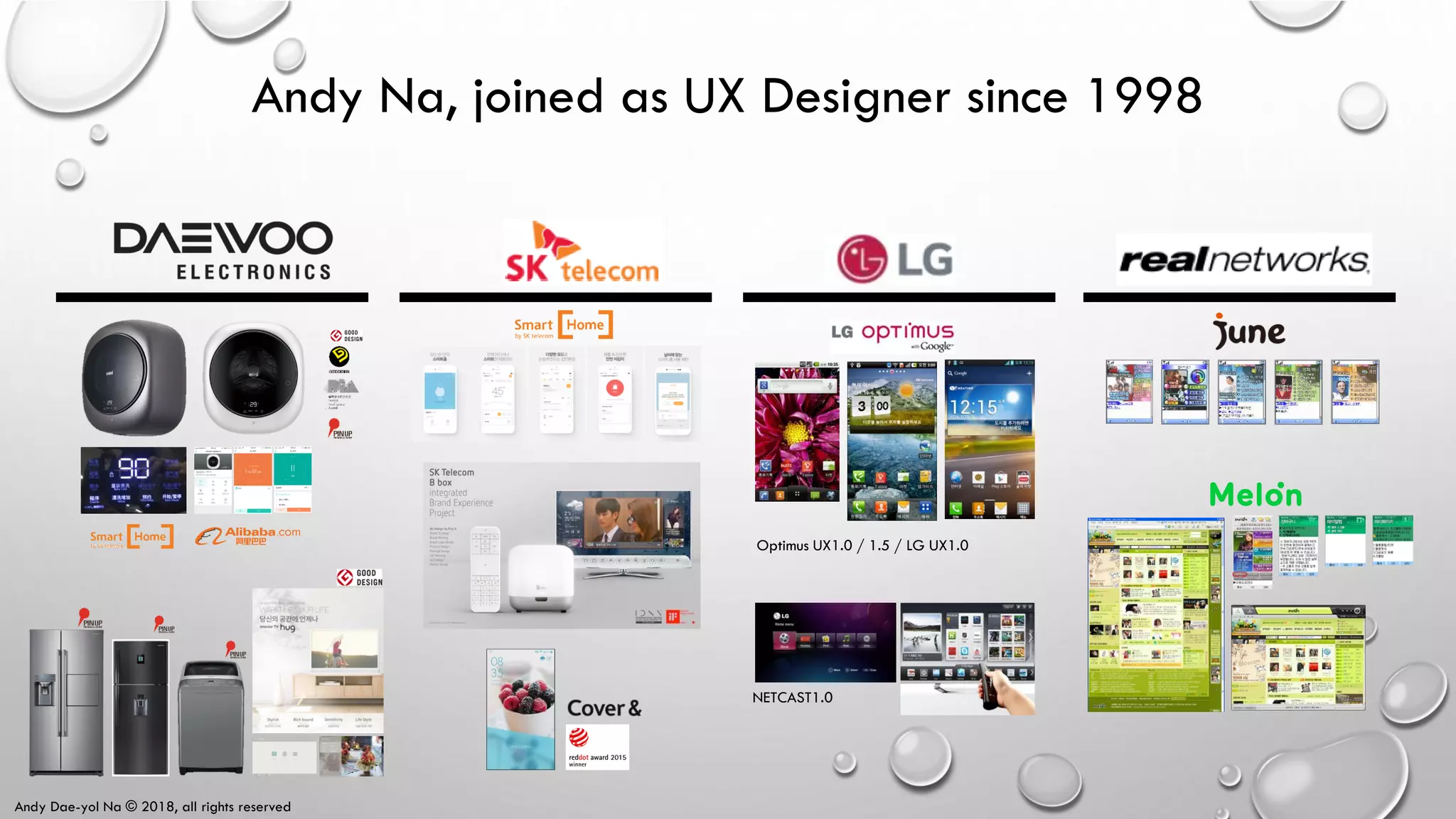 Andy Dae-yol Na © 2018, all rights reserved
Andy Na, joined as UX Designer since 1998
Optimus UX1.0 / 1.5 / LG UX1.0
NETCAST1.0
 