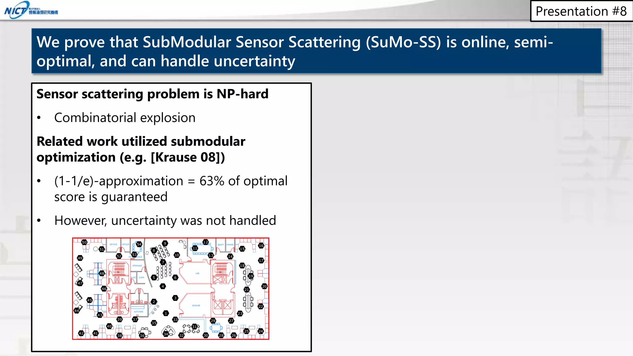 Presentation #8
We prove that SubModular Sensor Scattering (SuMo-SS) is online, semi-
optimal, and can handle uncertainty
Sensor scattering problem is NP-hard
• Combinatorial explosion
Related work utilized submodular
optimization (e.g. [Krause 08])
• (1-1/e)-approximation = 63% of optimal
score is guaranteed
• However, uncertainty was not handled
 