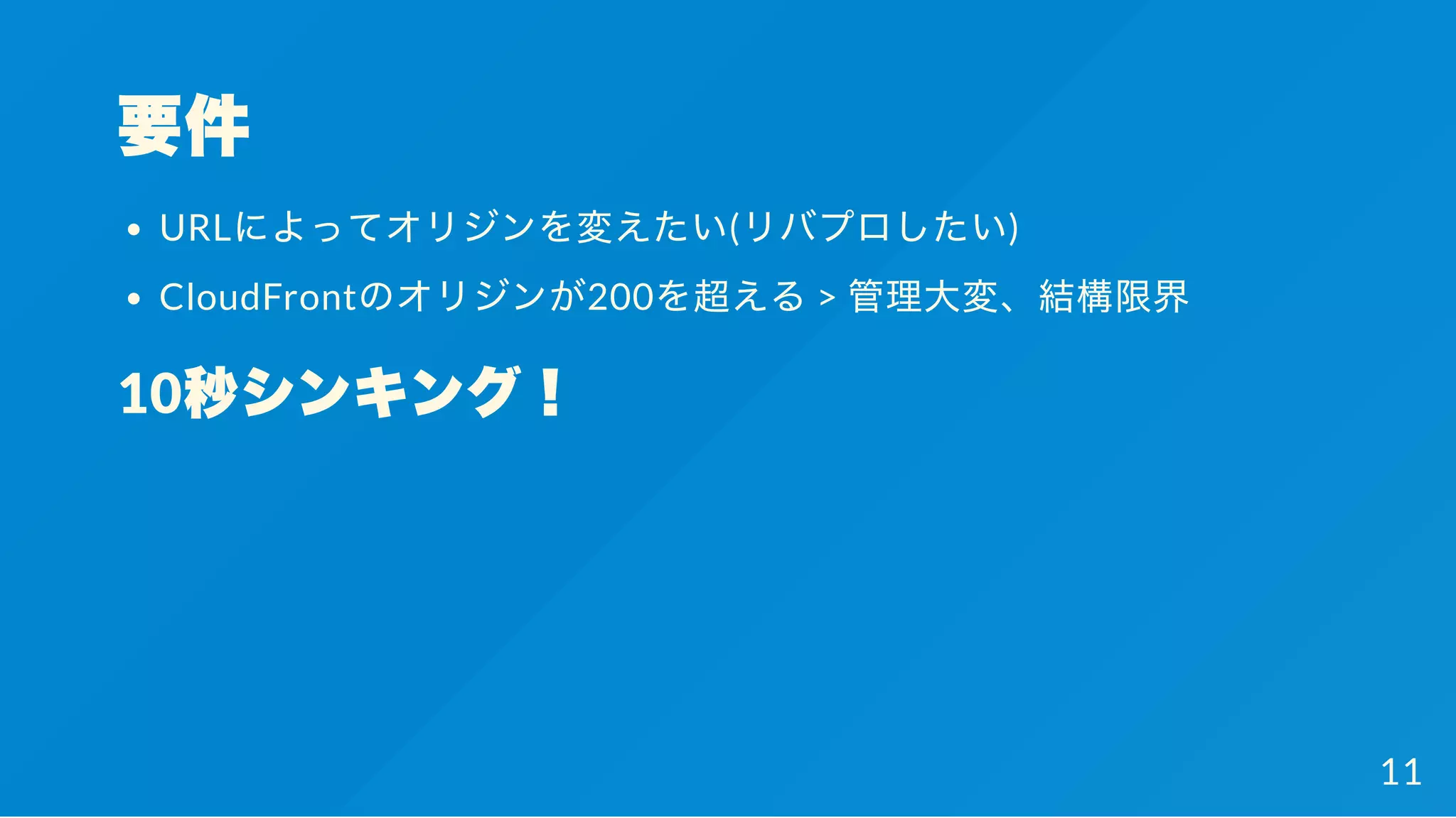 要件
URLによってオリジンを変えたい(リバプロしたい)
CloudFrontのオリジンが200を超える> 管理大変、結構限界
10秒シンキング！
11
 