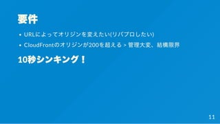 要件
URLによってオリジンを変えたい(リバプロしたい)
CloudFrontのオリジンが200を超える> 管理大変、結構限界
10秒シンキング！
11
 