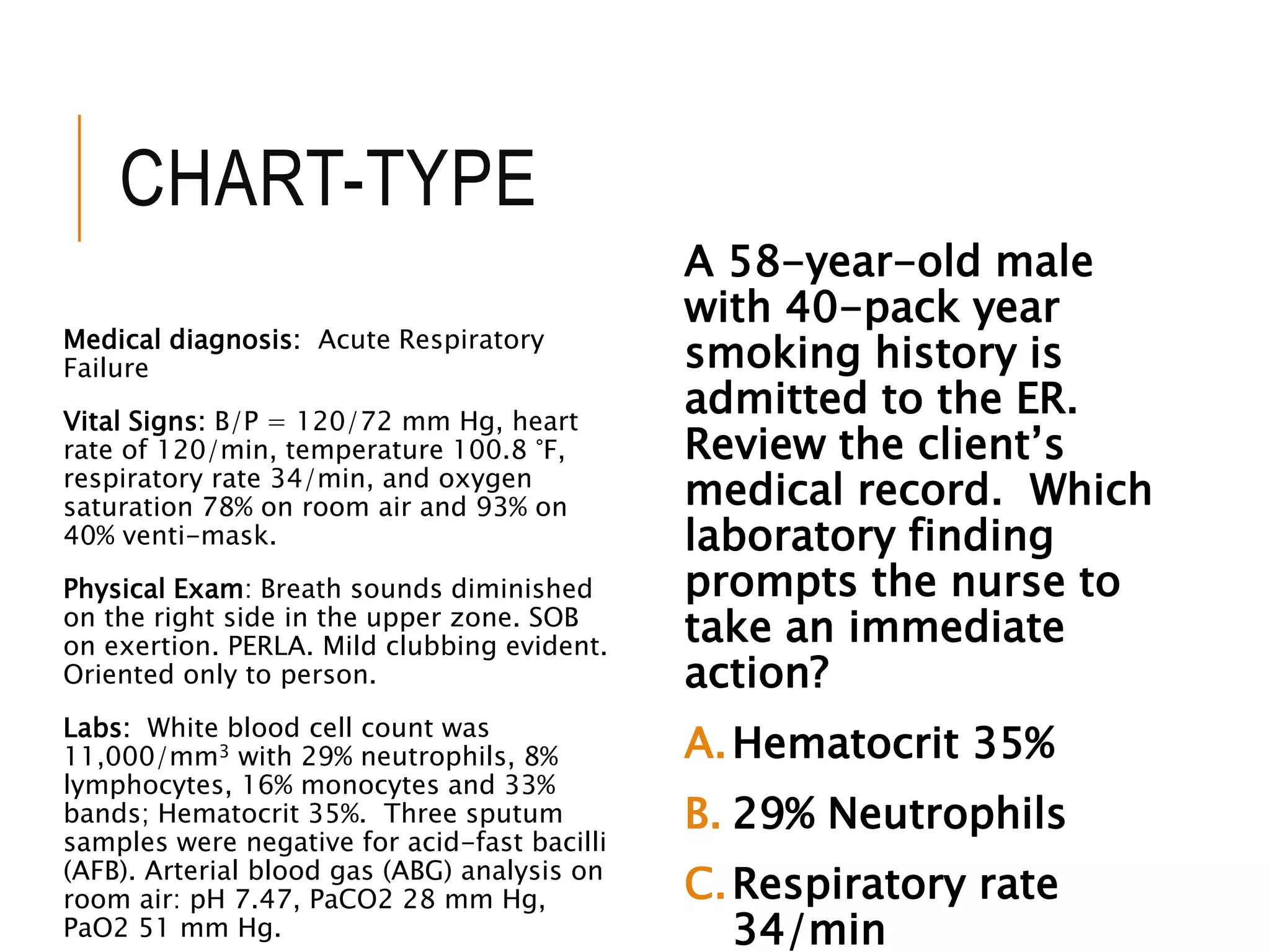CHART-TYPE
Medical diagnosis: Acute Respiratory
Failure
Vital Signs: B/P = 120/72 mm Hg, heart
rate of 120/min, temperature 100.8 °F,
respiratory rate 34/min, and oxygen
saturation 78% on room air and 93% on
40% venti-mask.
Physical Exam: Breath sounds diminished
on the right side in the upper zone. SOB
on exertion. PERLA. Mild clubbing evident.
Oriented only to person.
Labs: White blood cell count was
11,000/mm3 with 29% neutrophils, 8%
lymphocytes, 16% monocytes and 33%
bands; Hematocrit 35%. Three sputum
samples were negative for acid-fast bacilli
(AFB). Arterial blood gas (ABG) analysis on
room air: pH 7.47, PaCO2 28 mm Hg,
PaO2 51 mm Hg.
A 58-year-old male
with 40-pack year
smoking history is
admitted to the ER.
Review the client’s
medical record. Which
laboratory finding
prompts the nurse to
take an immediate
action?
A.Hematocrit 35%
B. 29% Neutrophils
C.Respiratory rate
34/min
 