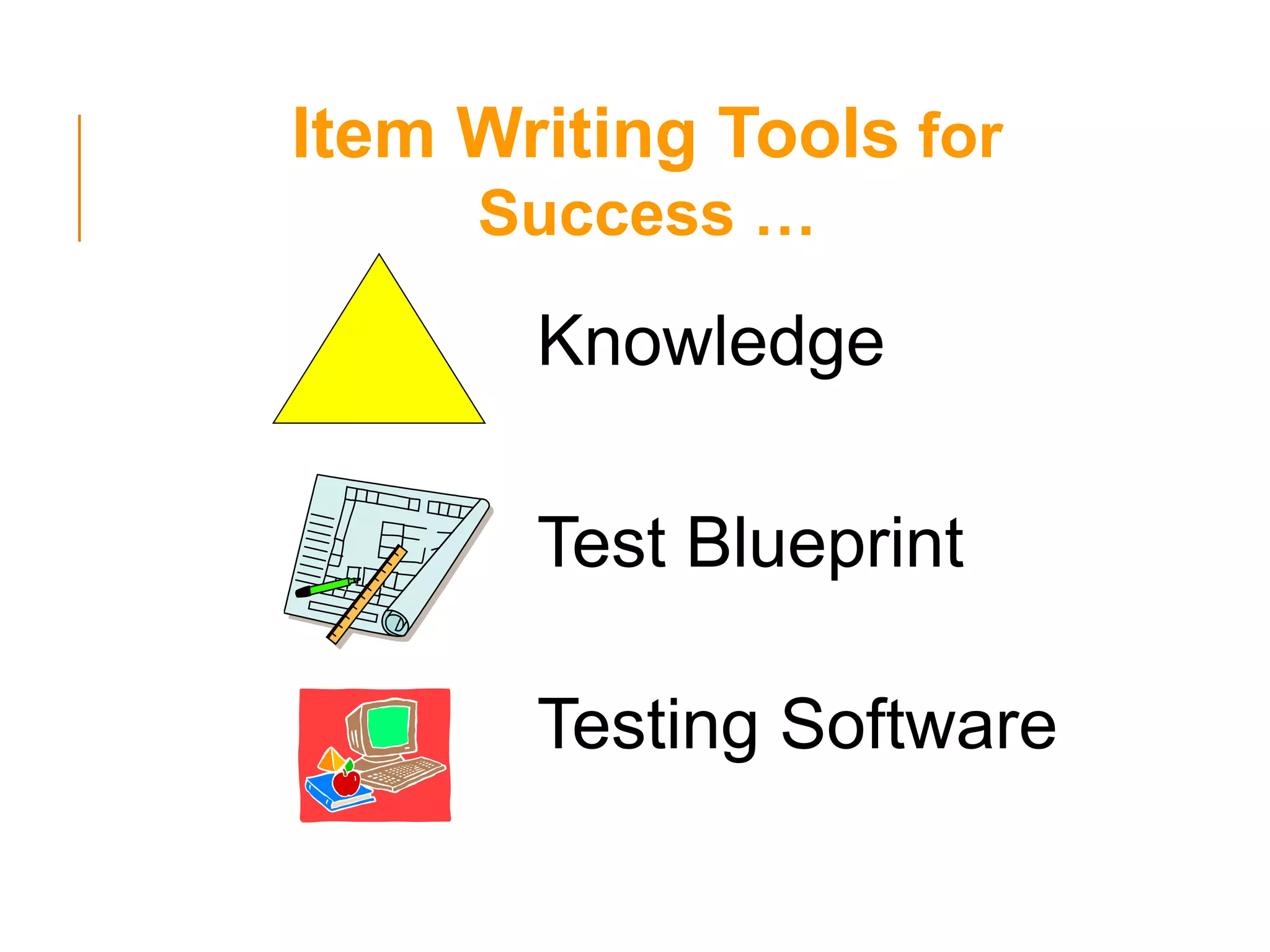 Item Writing Tools for
Success …
Knowledge
Test Blueprint
Testing Software
 