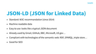 JSON-LD (JSON for Linked Data)
• Standard: W3C recommandation (since 2014)
• Machine readable data
• Easy to use: looks like a typical JSON document
• Already used by Gmail, GitHub, BBC, Microsoft, US gov…
• Compliant with technologies of the semantic web: RDF, SPARQL, triple store…
• Good for SEO
 