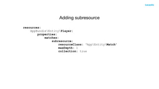 Adding subresource
resources:
AppBundleEntityPlayer:
properties:
matches:
subresource:
resourceClass: ‘AppEntityMatch’
maxDepth: 1
collection: true
 