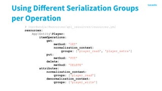 Using Diﬀerent Serialization Groups
per Operation
# UserBundle/Resources/api_resources/resources.yml
resources:
AppEntityPlayer:
itemOperations:
get:
method: 'GET'
normalization_context:
groups: ['player_read', 'player_extra']
put:
method: 'PUT'
delete:
method: 'DELETE'
attributes:
normalization_context:
groups: ['player_read']
denormalization_context:
groups: ['player_write']
 