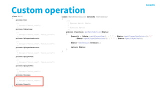 Custom operationclass Match
{
private $id;
/**
* @Groups({"match_read"})
*/
private $datetime;
/**
* @Groups({"match_read", "match_write"})
*/
private $playerOnePoints;
/**
* @Groups({"match_read", "match_write"})
*/
private $playerTwoPoints;
/**
* @Groups({"match_read", "match_write"})
*/
private $playerOne;
/**
* @Groups({"match_read", "match_write"})
*/
private $playerTwo;
/**
* @Groups({"match_read"})
*/
private $winner;
/**
* @Groups({"match_read"})
*/
private $result;
}
class MatchController extends Controller
{
/**
* @param Match $data
*
* @return Match
*/
public function getMatchAction($data)
{
$result = $data->getPlayerOne() . ' ' . $data->getPlayerOnePoints().':'
.$data->getPlayerTwoPoints() . ' ' . $data->getPlayerTwo();
$data->setResult($result);
return $data;
}
}
 