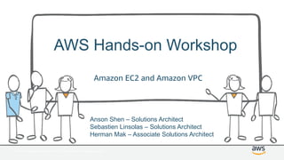 © 2017, Amazon Web Services, Inc. or its Affiliates. All rights reserved.
AWS Hands-on Workshop
Amazon EC2 and Amazon VPC
Anson Shen – Solutions Architect
Sebastien Linsolas – Solutions Architect
Herman Mak – Associate Solutions Architect
 