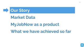 Our Story
Market Data
MyJobNow as a product
What we have achieved so far
 