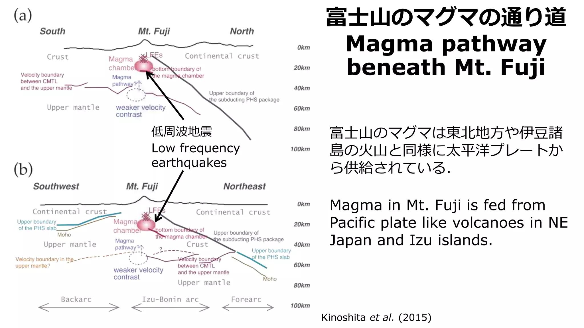 富士山のマグマの通り道
Magma pathway
beneath Mt. Fuji
Kinoshita et al. (2015)
低周波地震
Low frequency
earthquakes
富士山のマグマは東北地方や伊豆諸
島の火山と同様に太平洋プレートか
ら供給されている．
Magma in Mt. Fuji is fed from
Pacific plate like volcanoes in NE
Japan and Izu islands.
 