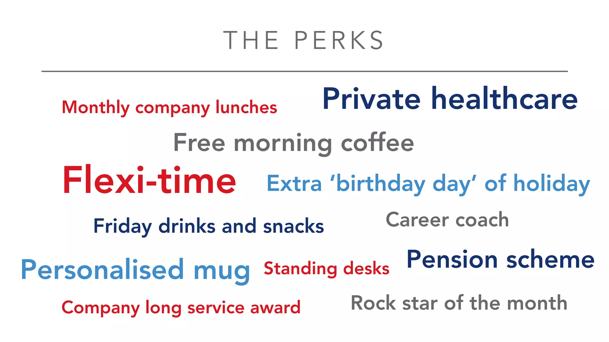 T HE P E R K S
Free morning coffee
Extra ‘birthday day’ of holiday
Monthly company lunches
Flexi-time
Private healthcare
Pension scheme
Career coach
Personalised mug Standing desks
Friday drinks and snacks
Rock star of the monthCompany long service award
 