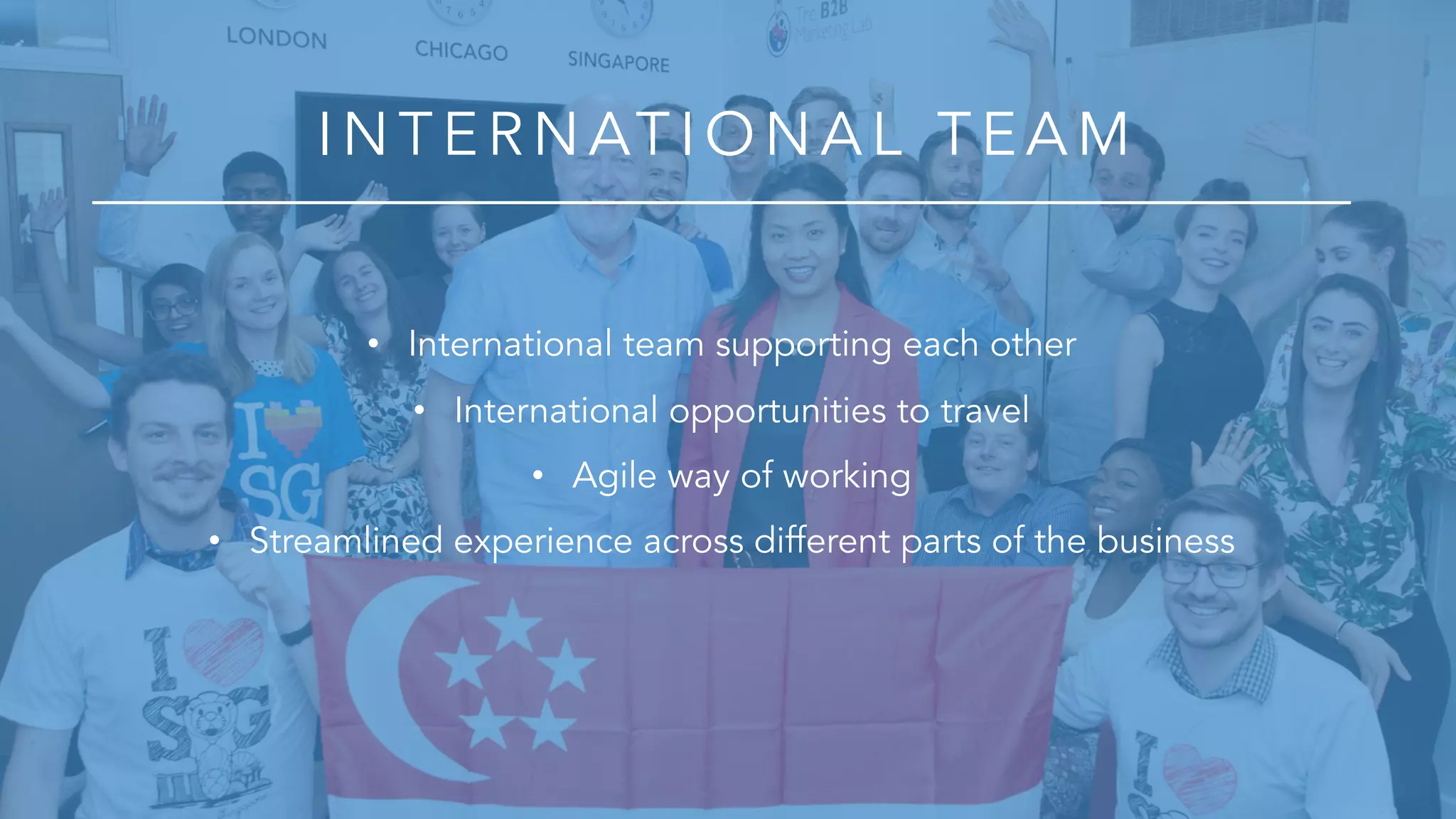 IN T E R N AT IO N A L T E A M
• International team supporting each other
• International opportunities to travel
• Agile way of working
• Streamlined experience across different parts of the business
 