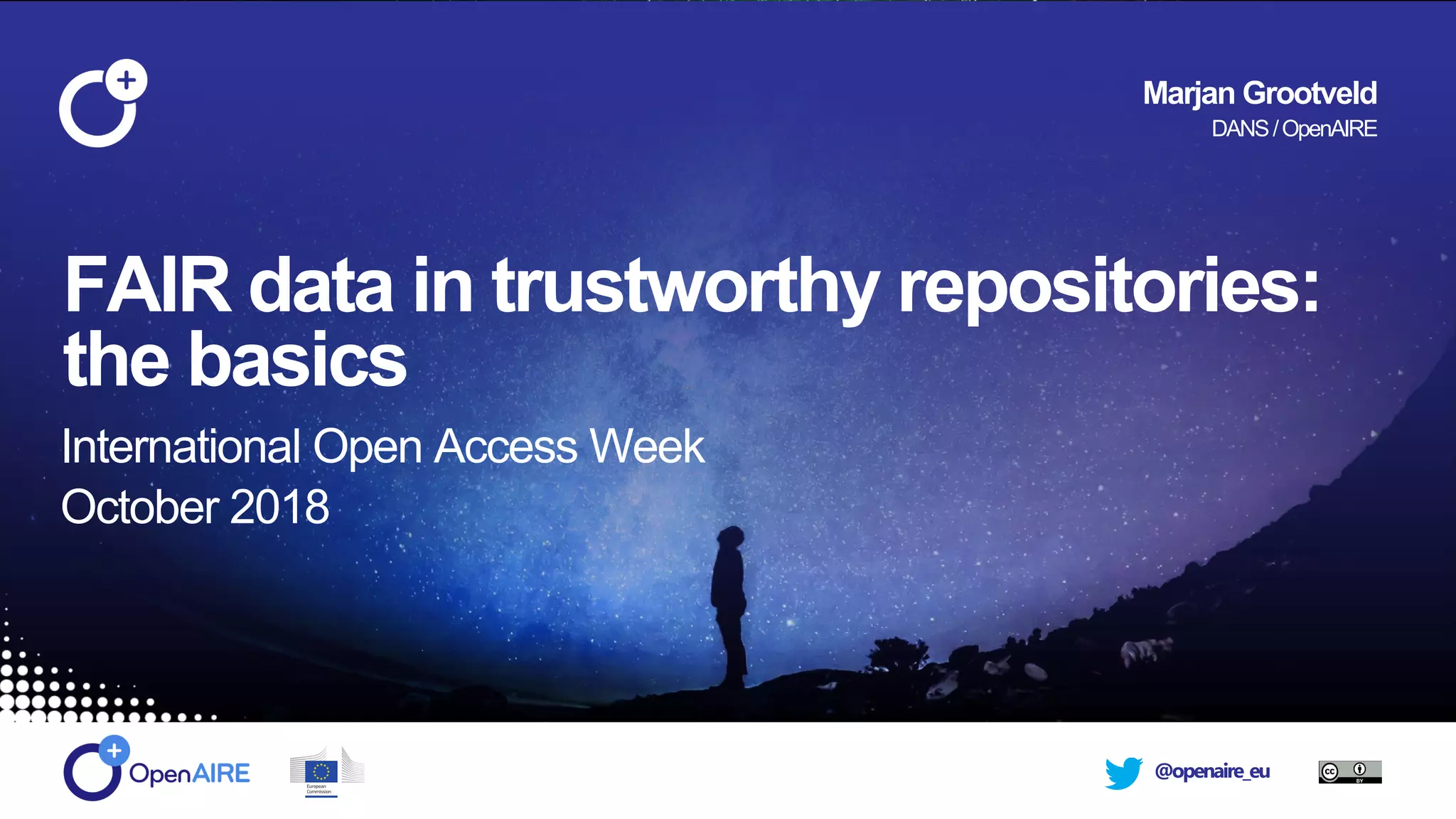 @openaire_eu
FAIR data in trustworthy repositories:
the basics
International Open Access Week
October 2018
Marjan Grootveld
DANS/OpenAIRE
 