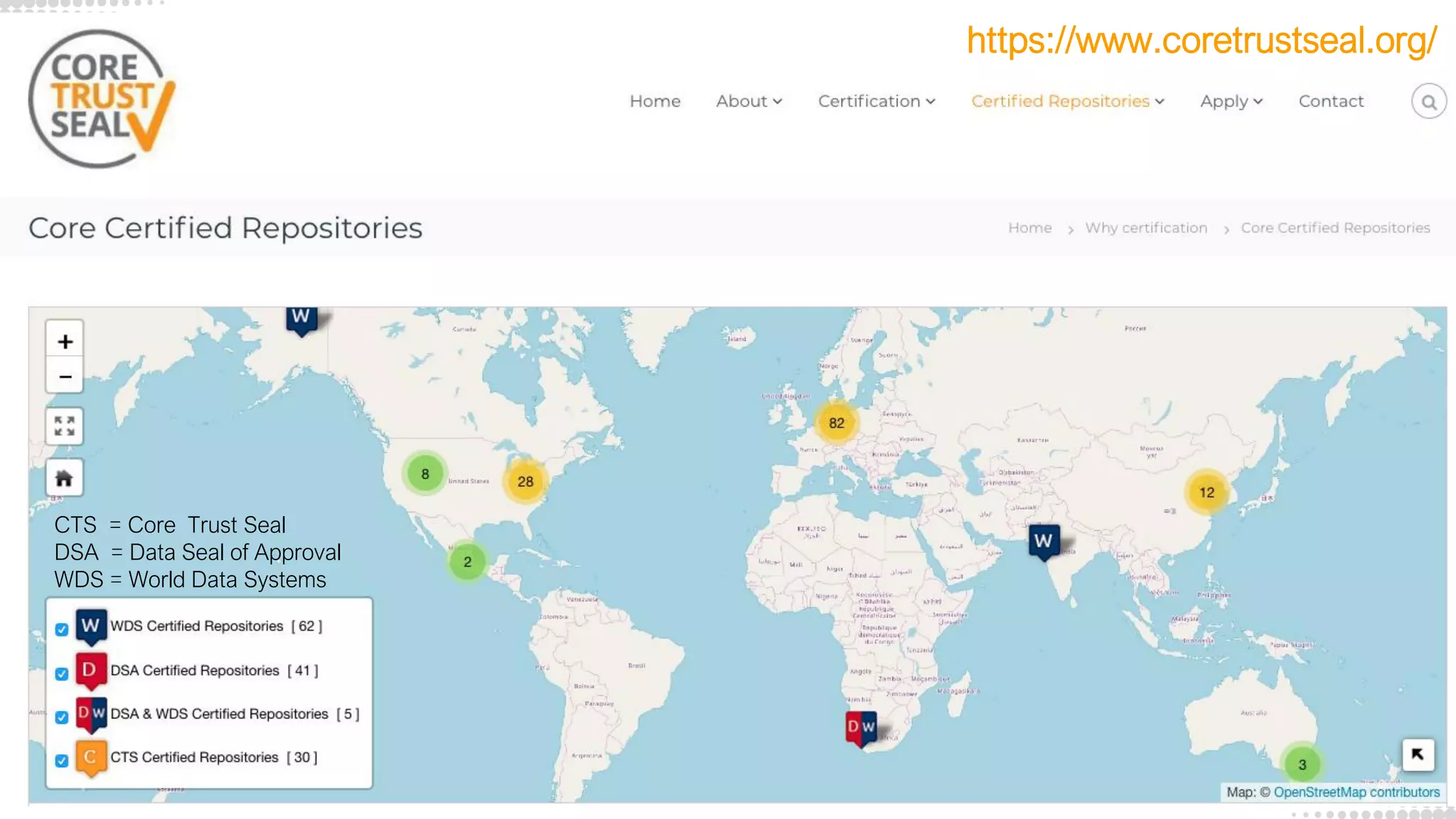 11
CoreTrustSeal
https://www.coretrustseal.org/
CTS = Core Trust Seal
DSA = Data Seal of Approval
WDS = World Data Systems
 