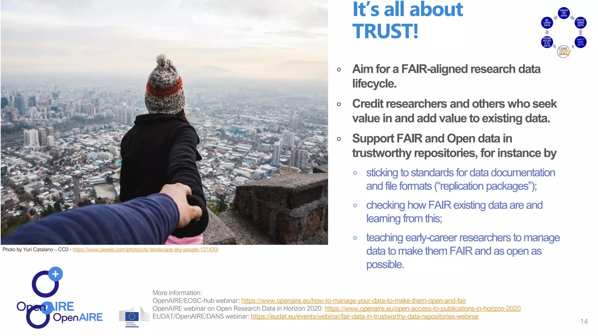 Aim for a FAIR-aligned research data
lifecycle.
Credit researchers and others who seek
value in and add value to existing data.
Support FAIR and Open data in
trustworthy repositories, for instance by
sticking tostandards for data documentation
and file formats (“replication packages”);
checking how FAIR existing data are and
learning from this;
teaching early-career researchers tomanage
data tomake them FAIR and as open as
possible.
It’s all about
TRUST!
More information:
OpenAIRE/EOSC-hub webinar: https://www.openaire.eu/how-to-manage-your-data-to-make-them-open-and-fair
OpenAIRE webinar on Open Research Data in Horizon 2020: https://www.openaire.eu/open-access-to-publications-in-horizon-2020
EUDAT/OpenAIRE/DANS webinar: https://eudat.eu/events/webinar/fair-data-in-trustworthy-data-repositories-webinar
14
CREATI
NG
DATA
PROCE
SSING
DATA
PRESER
VING
DATA
GIVING
ACCES
S TO
DATA
RE-
USING
DATA
Photo by Yuri Catalano – CC0 - https://www.pexels.com/photo/city-landscape-sky-people-127420/
 