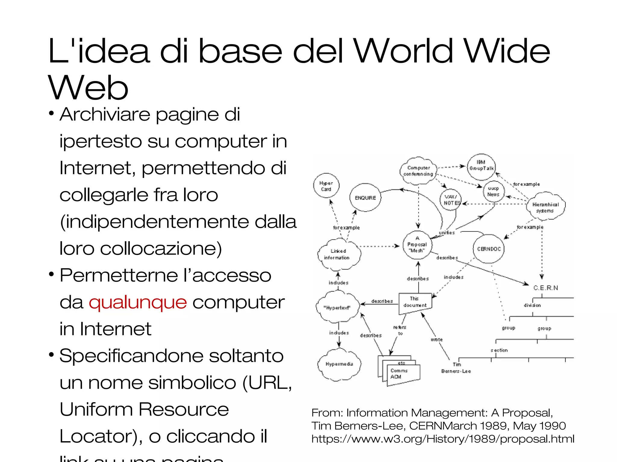 L'idea di base del World Wide
Web
• Archiviare pagine di
ipertesto su computer in
Internet, permettendo di
collegarle fra loro
(indipendentemente dalla
loro collocazione)
• Permetterne l’accesso
da qualunque computer
in Internet
• Specificandone soltanto
un nome simbolico (URL,
Uniform Resource
Locator), o cliccando il
From: Information Management: A Proposal,
Tim Berners-Lee, CERNMarch 1989, May 1990
https://www.w3.org/History/1989/proposal.html
 