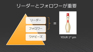 =
リーダー
フォロワー
ワナビーズ YOUR 1st pin
リーダーとフォロワーが重要
 