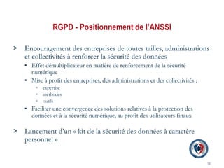 RGPD - Positionnement de l’ANSSI
> Encouragement des entreprises de toutes tailles, administrations
et collectivités à ren...