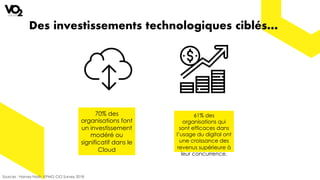 70% des
organisations font
un investissement
modéré ou
significatif dans le
Cloud
61% des
organisations qui
sont efficaces dans
l’usage du digital ont
une croissance des
revenus supérieure à
leur concurrence.
Sources : Harvey Nash, KPMG CIO Survey 2018
Des investissements technologiques ciblés…
 