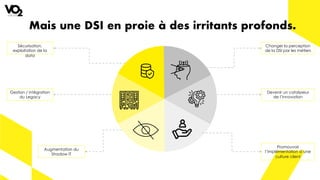 Sécurisation,
exploitation de la
data
Changer la perception
de la DSI par les métiers
Promouvoir
l’implémentation d’une
culture client
Augmentation du
Shadow IT
Mais une DSI en proie à des irritants profonds.
Devenir un catalyseur
de l’innovation
Gestion / intégration
du Legacy
 
