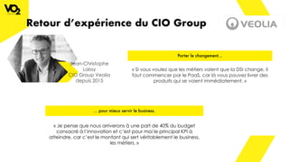 Retour d’expérience du CIO Group
Jean-Christophe
Laissy
CIO Group Veolia
depuis 2015
« Si vous voulez que les métiers voient que la DSI change, il
faut commencer par le PaaS, car là vous pouvez livrer des
produits qui se voient immédiatement. »
« Je pense que nous arriverons à une part de 40% du budget
consacré à l’innovation et c’est pour moi le principal KPI à
atteindre, car c’est le montant qui sert véritablement le business,
les métiers. »
Porter le changement…
… pour mieux servir le business.
 
