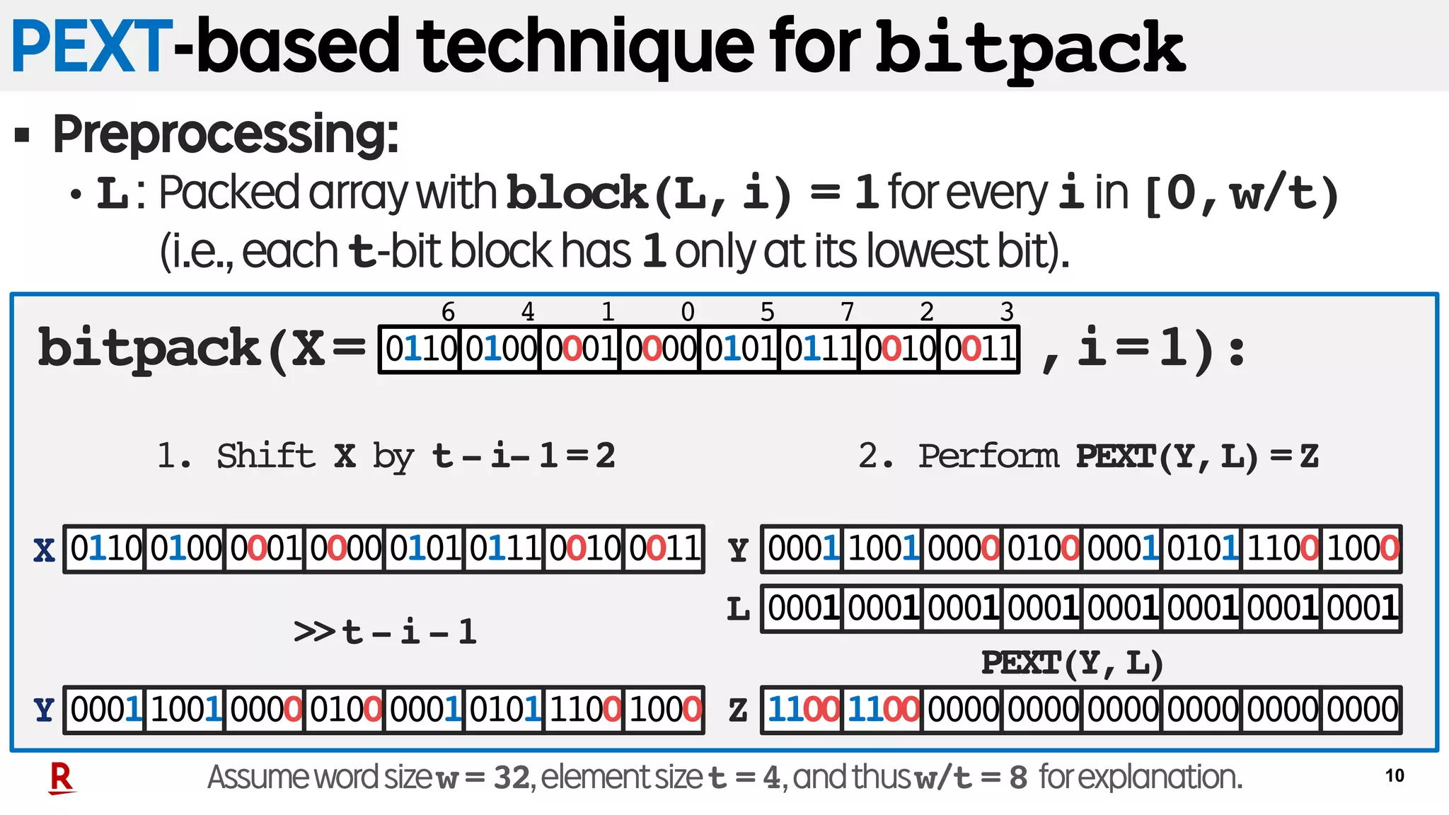 10
PEXT-based technique for bitpack
§ Preprocessing:
• L: Packedarraywithblock(L,i) = 1foreveryiin[0,w/t)
(i.e.,eacht-bitblockhas1onlyatitslowestbit).
Assumewordsizew = 32,elementsizet =4,andthusw/t = 8 forexplanation.
01100100000100000101011100100011
00011001000001000001010111001000
>>t-i-1
00011001000001000001010111001000
00010001000100010001000100010001L
Z
Y
Y
X
11001100000000000000000000000000
1. Shift X by t-i-1=2 2. Perform PEXT(Y,L)=Z
PEXT(Y,L)
bitpack(X= ,i=1):01100100000100000101011100100011
6 4 1 0 5 7 2 3
 